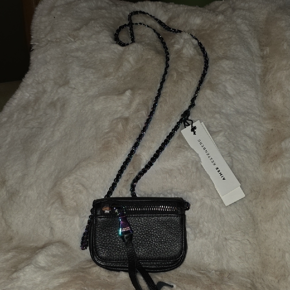 NWT Aimee Kestenberg Iridescent Metal Accents Black Pebbled Leather Mini Bag